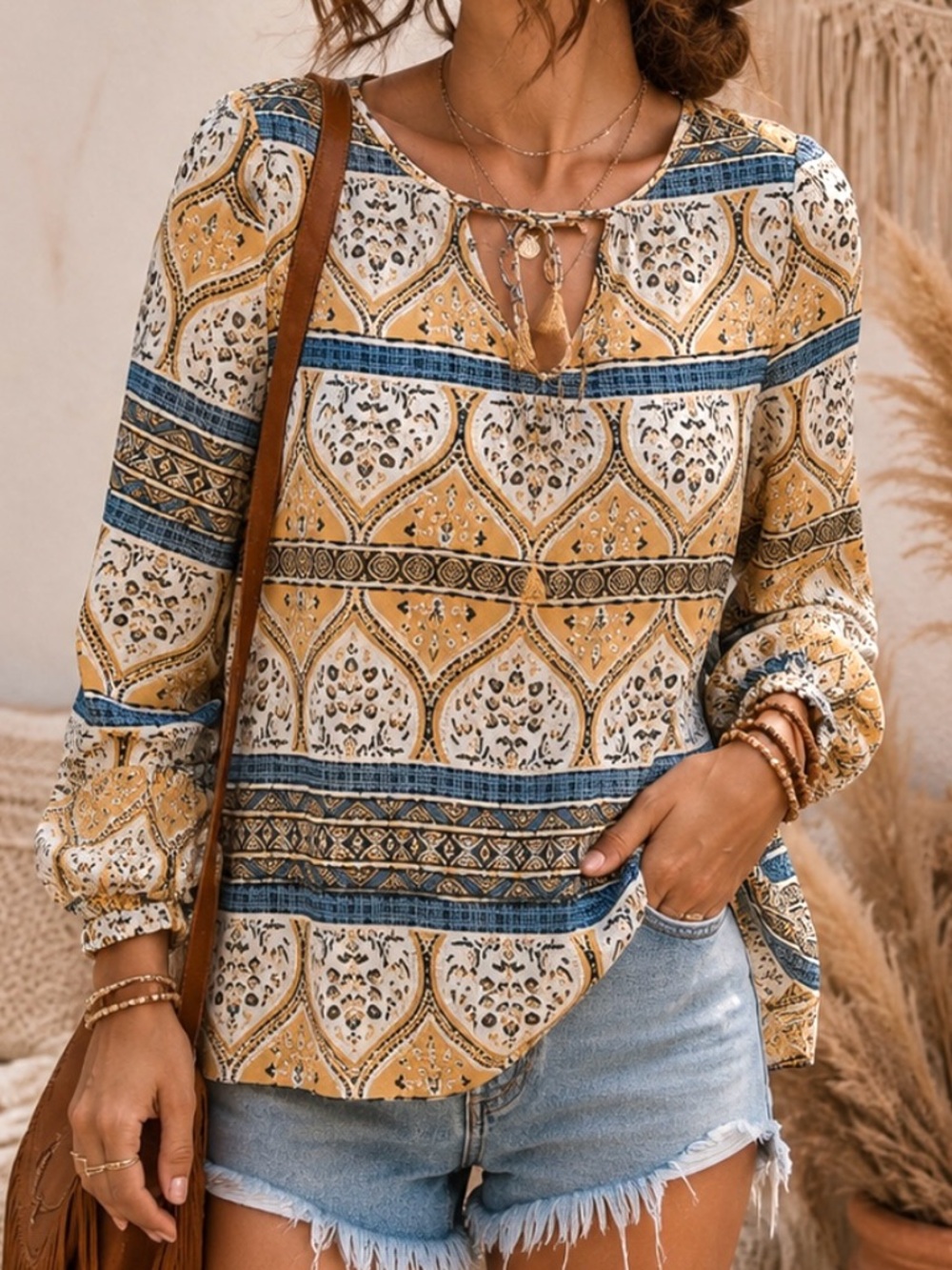 Roxy Women’s Boho Patterned Blouse Yellow Blue Small Bohemian Boho Fall